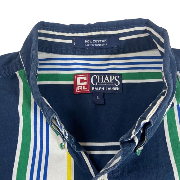 Chaps Ralph Lauren Men’s Striped Button Down Short Sleeve Navy Blue Shirt Large - Picture 4 of 8